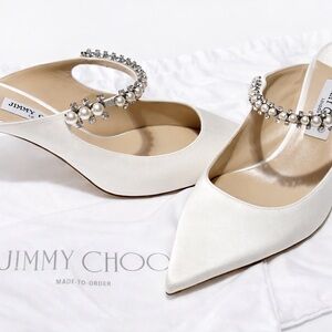 Jimmy Choo Ivory Satin Pointed Mules with Pearl & Crystal Ankle Straps Original